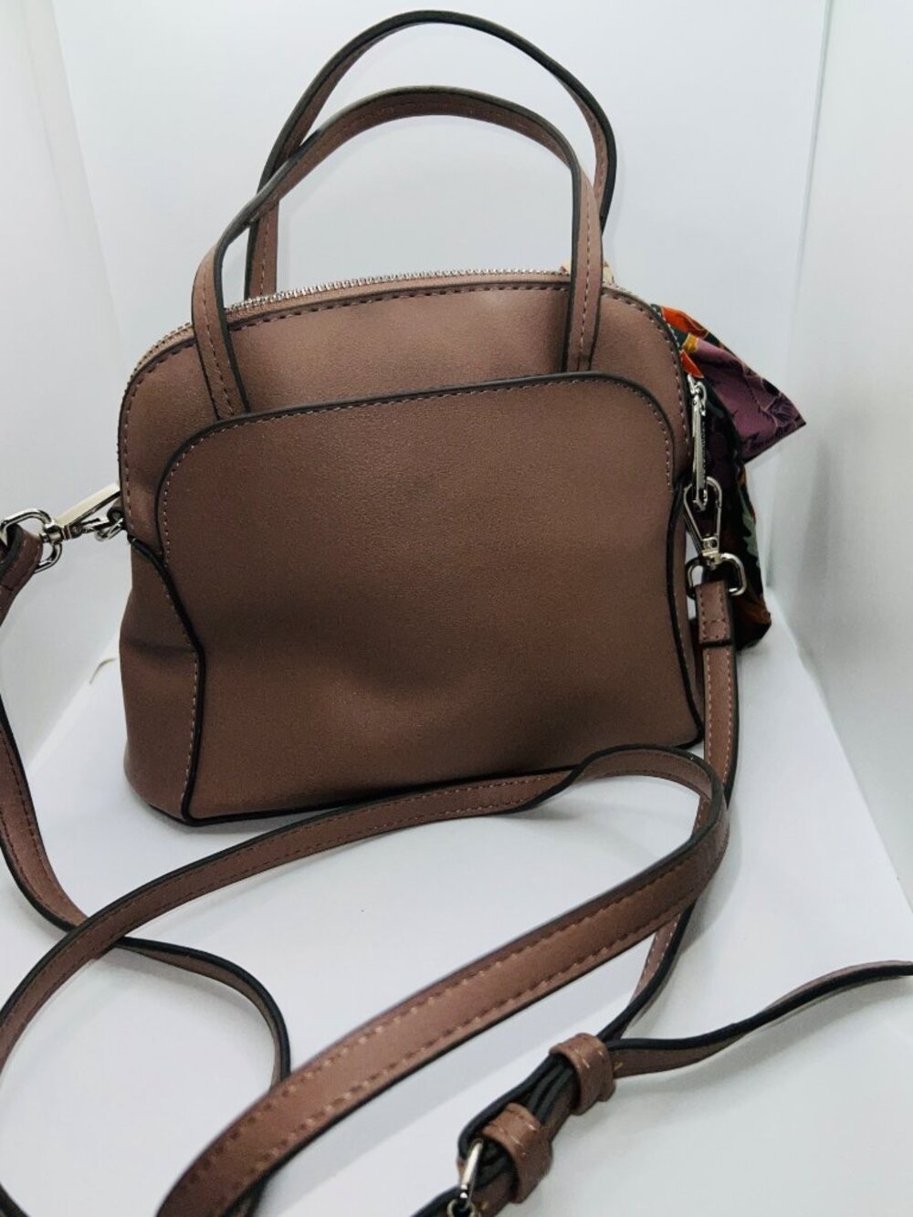 Steve Madden Mini Crossbody Bag w Floral Scarf Accent Adjustable Strap Taupe - Picture 4 of 9